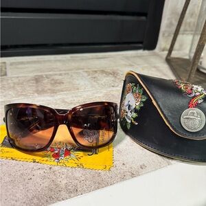 Ed Hardy Brown Gradient Oversized Women's Sunglasses with Embroidered Skull Case